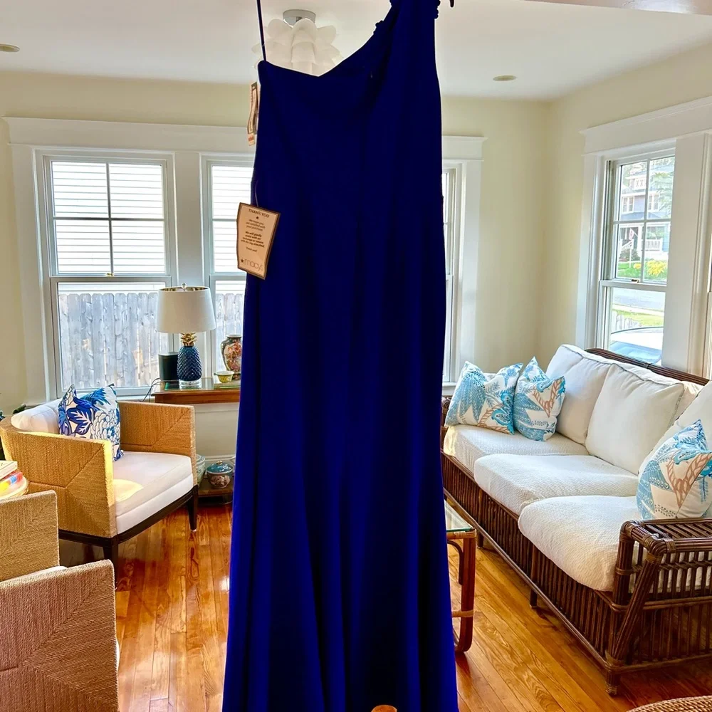 Xscape Cobalt Blue Floral One-Shoulder Maxi Dress